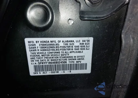 2006 Honda Pilot Ex-L z USA, uszkodzony, nr VIN 5FNYF18646B024506